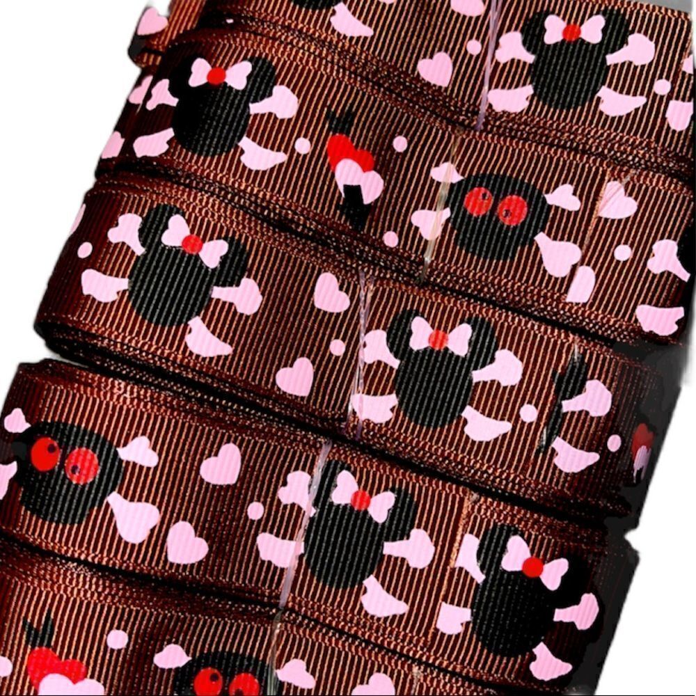Grosgrain printed Ribbon 7/8” NEW 5 yards Minnie Mouse brown skull Jolly Roger